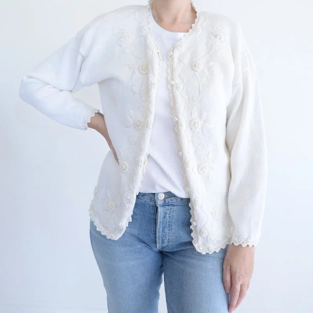 Vintage Caroline Taylor White Pink Floral Roses Embroidered Knit Cardigan M